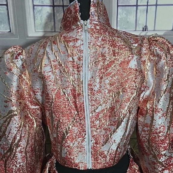 AKIRA Vibrant Red, Gold, and Sky Blue Brocade Patterned Top - Picture 4 of 7